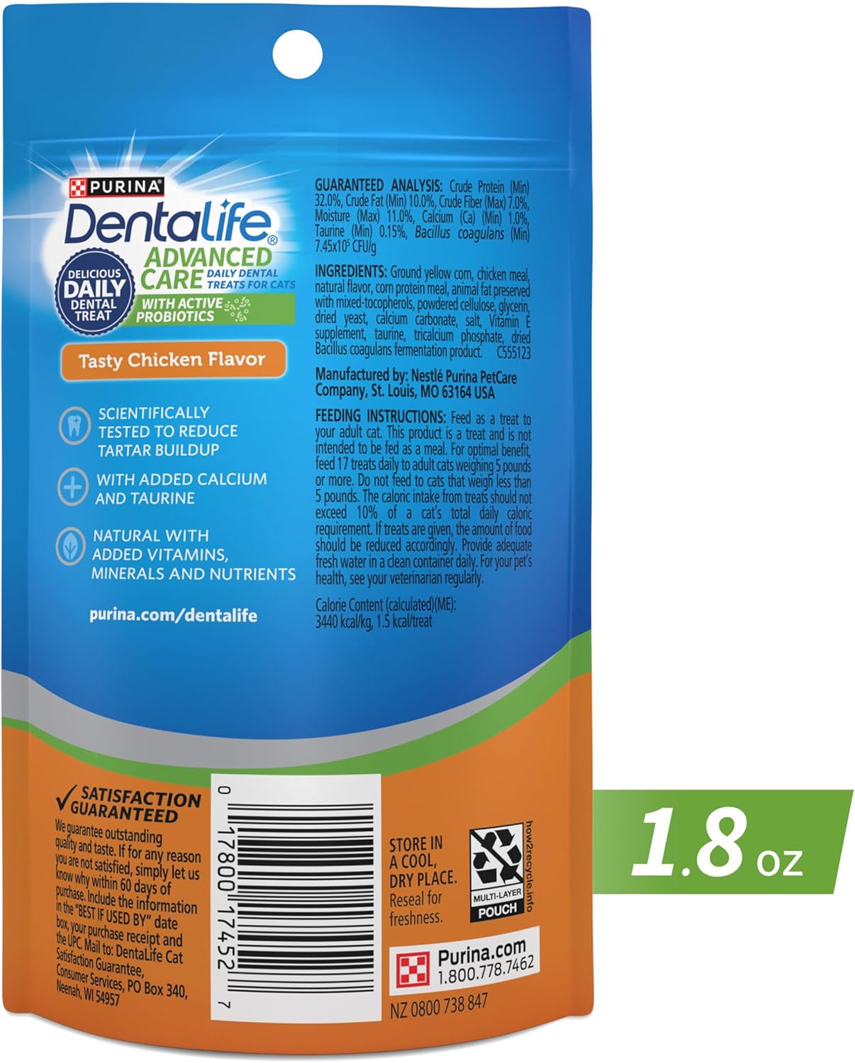 Purina DentaLife Made in USA Facilities Cat Dental Treats, Tasty Chicken Flavor - (Pack of 10) 1.8 oz. Pouches