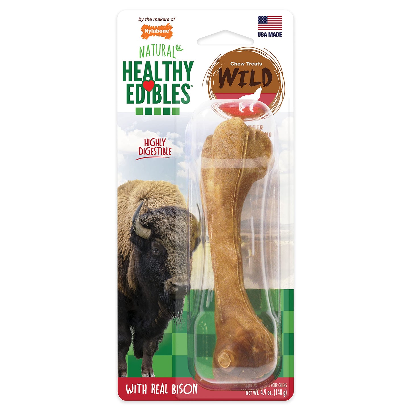 Nylabone Healthy Edibles WILD Natural Long-Lasting Bison Flavor Bone Chew Treats for Dogs, Large (1 Count)