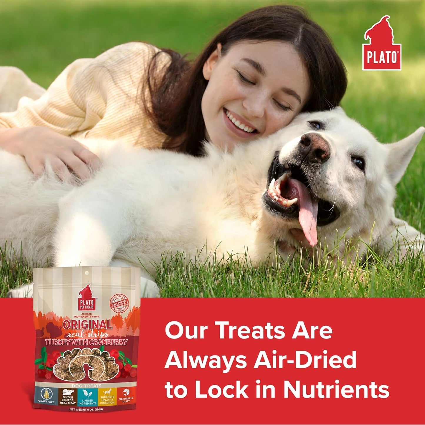 PLATO Turkey Real Strips Natural Dog Treats - Real Meat - Air Dried - Made in the USA - Turkey & Cranberry, 18 ounces