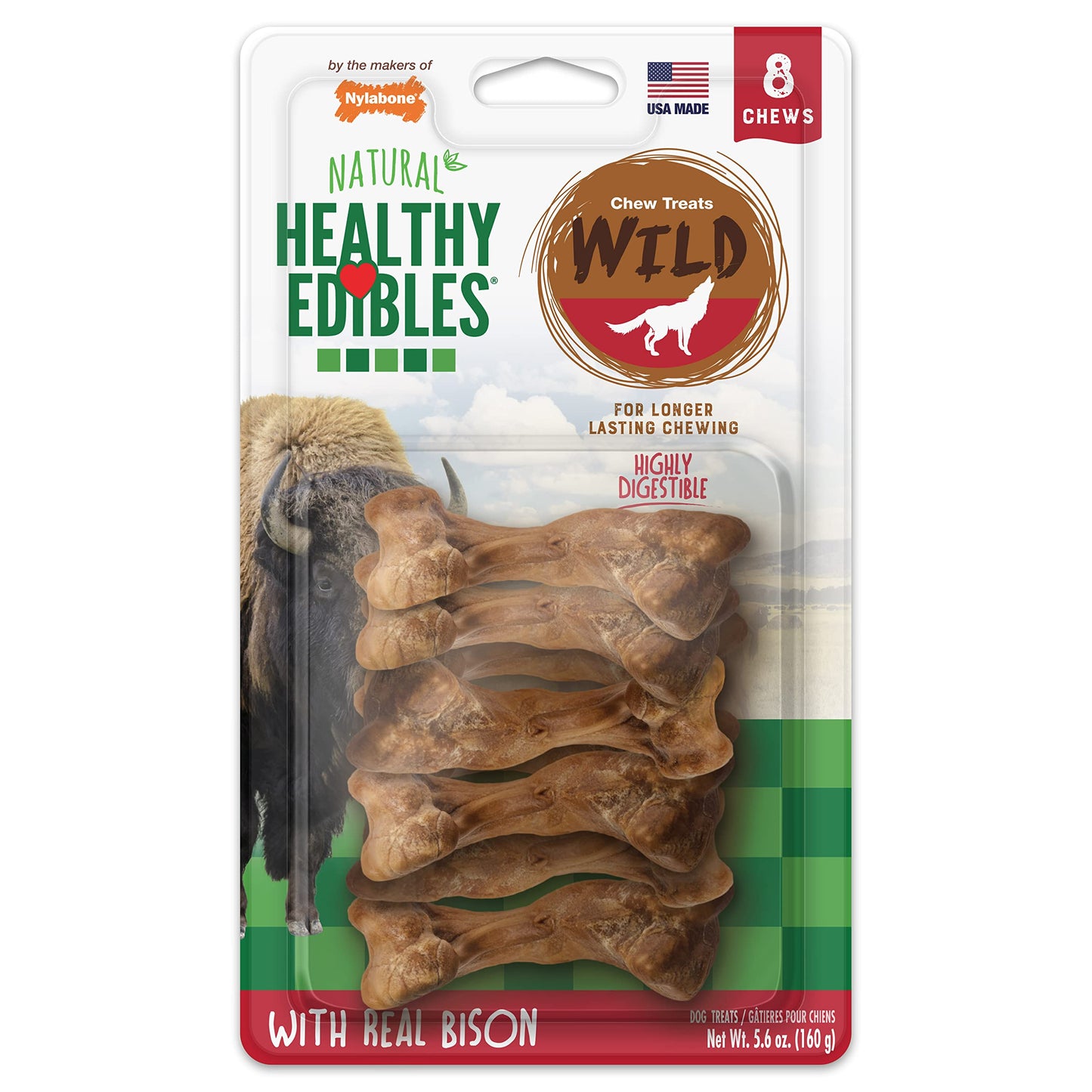 Nylabone Healthy Edibles WILD Natural Long-Lasting Bison Flavor Bone Chew Treats for Dogs, Small (16 Count)