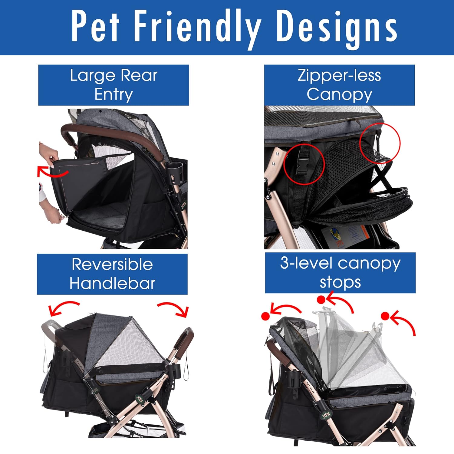 HPZ-PR America Pet Rover XL Premium Heavy Duty Dog/Cat/Pet Stroller Travel Carriage/w Convertible Compartment/Pump-Free Rubber Tires for Small/Medium/Large Pets (Stone Gray 2nd-Gen),23.0 pounds