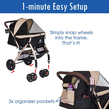 XL Extra-Long Premium Heavy Duty Dog/Cat/Pet Stroller Travel Carriage for Small, Medium, Large Pets (Taupe 2nd-Gen)