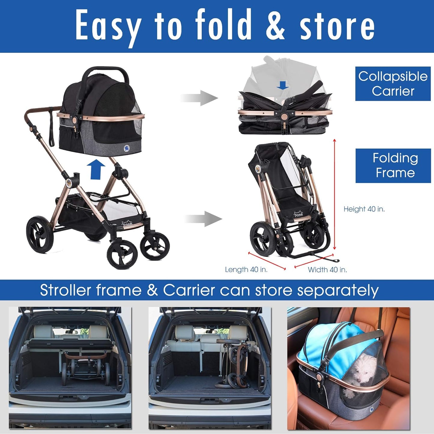 HPZ Pet Rover Prime 3-in-1 Luxury Dog/Cat Stroller (Travel Carrier + Car Seat +Stroller) with Detach Carrier/Pump-Free Rubber Tires/Aluminum Frame/Reversible Handle for Medium & Small Pets (BLACK)