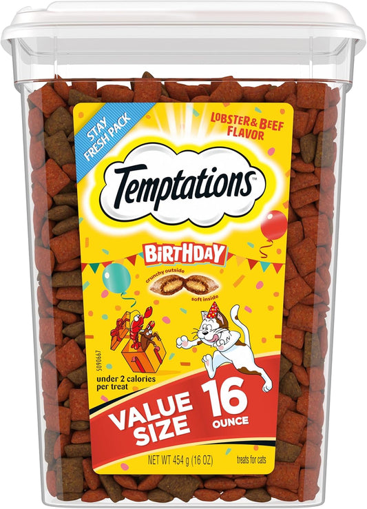 Temptations Birthday Crunchy and Soft Cat Treats Lobster and Beef Flavor, 16 oz. Tub