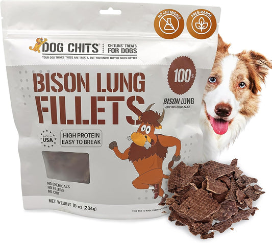 Dog Chits Bison Lung Fillets Dog and Puppy Treats - All Natural Grain and Chemical Free Training Chews - High Protein and Low Fat - Supports Dental Health - Made in The USA - Large 10 oz Bag