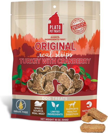 PLATO Turkey Real Strips Natural Dog Treats - Real Meat - Air Dried - Made in the USA - Turkey & Cranberry, 18 ounces