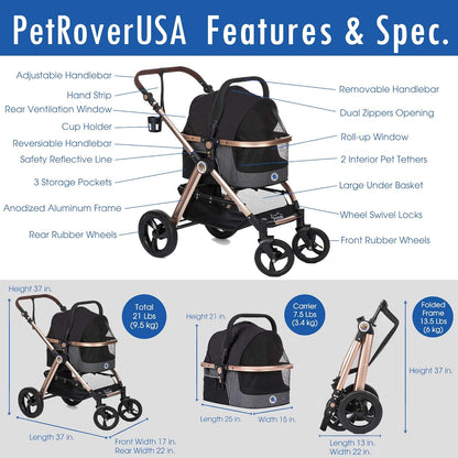 HPZ Pet Rover Prime 3-in-1 Luxury Dog/Cat Stroller (Travel Carrier + Car Seat +Stroller) with Detach Carrier/Pump-Free Rubber Tires/Aluminum Frame/Reversible Handle for Medium & Small Pets (BLACK)