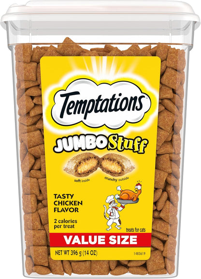 TEMPTATIONS Jumbo Stuff Crunchy and Soft Cat Treats, Tasty Chicken Flavor, 14 oz. Tub, (Pack of 1)