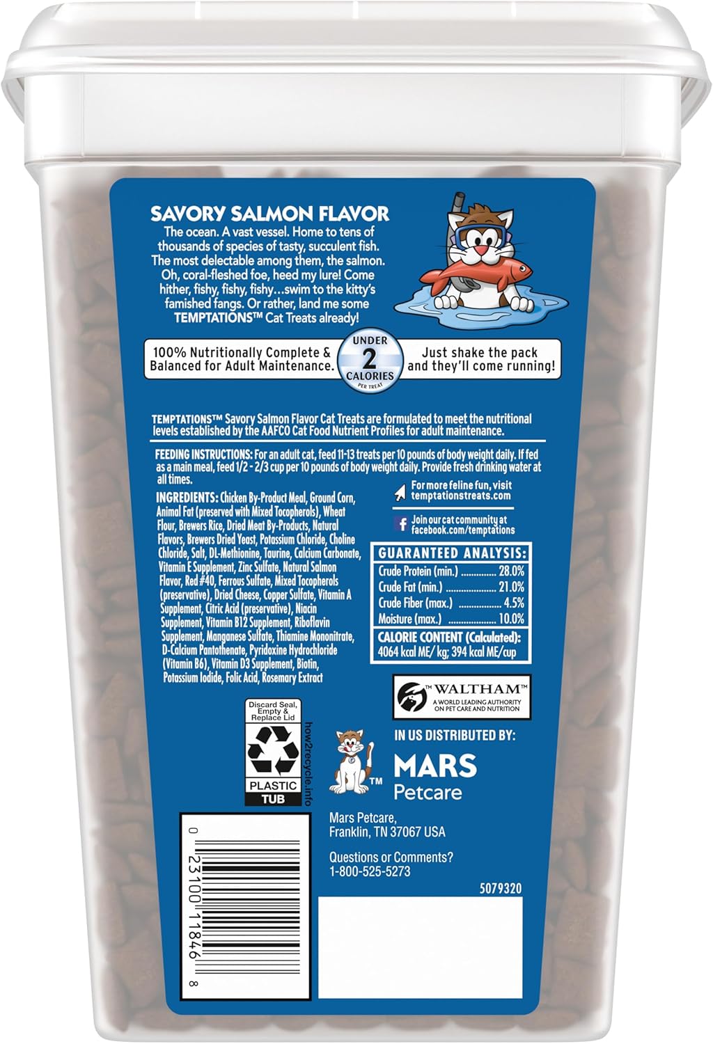 Temptations Classic Crunchy and Soft Cat Treats Savory Salmon Flavor, 30 oz. Tub