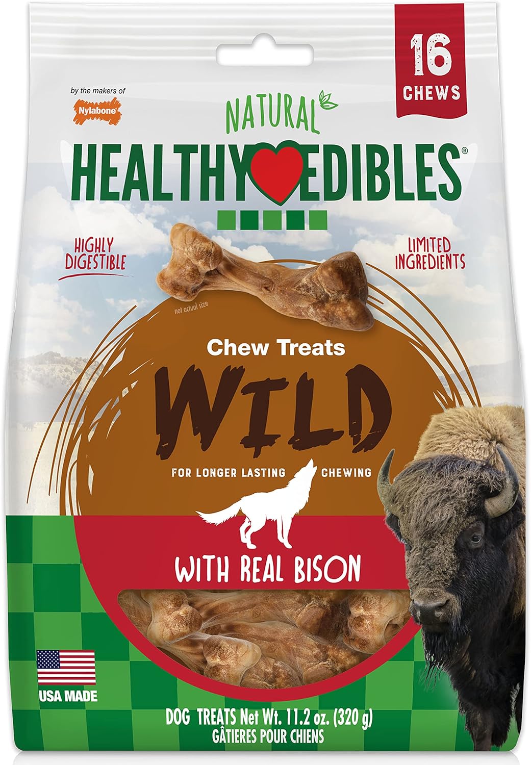 Nylabone Healthy Edibles WILD Natural Long-Lasting Bison Flavor Bone Chew Treats for Dogs, Small (16 Count)