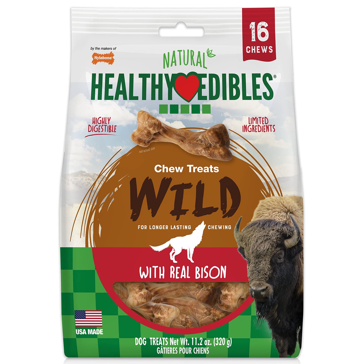 Nylabone Healthy Edibles WILD Natural Long-Lasting Bison Flavor Bone Chew Treats for Dogs, Large (1 Count)