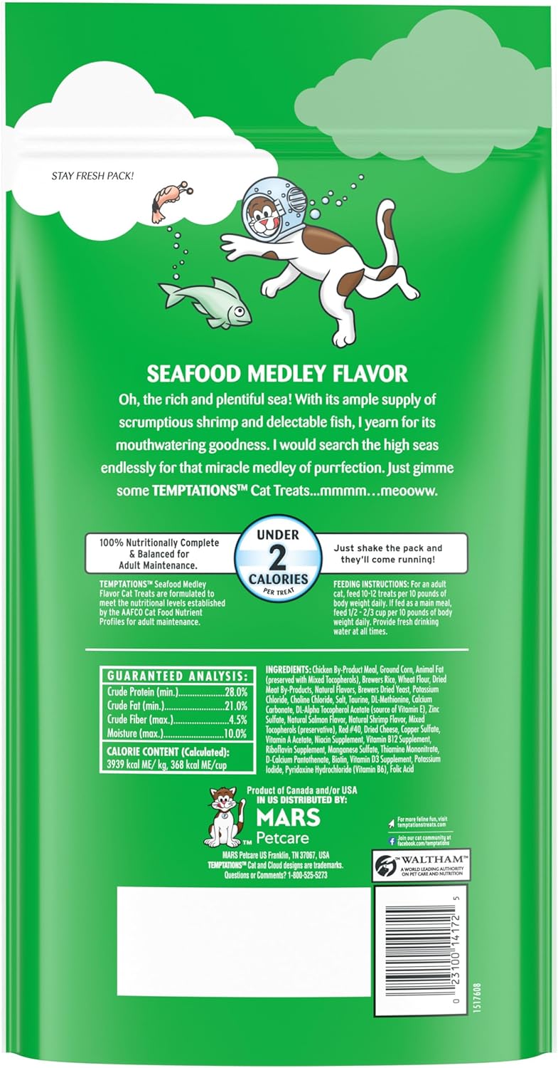 Temptations Classic Crunchy and Soft Cat Treats Seafood Medley Flavor, 48 oz. Pouch