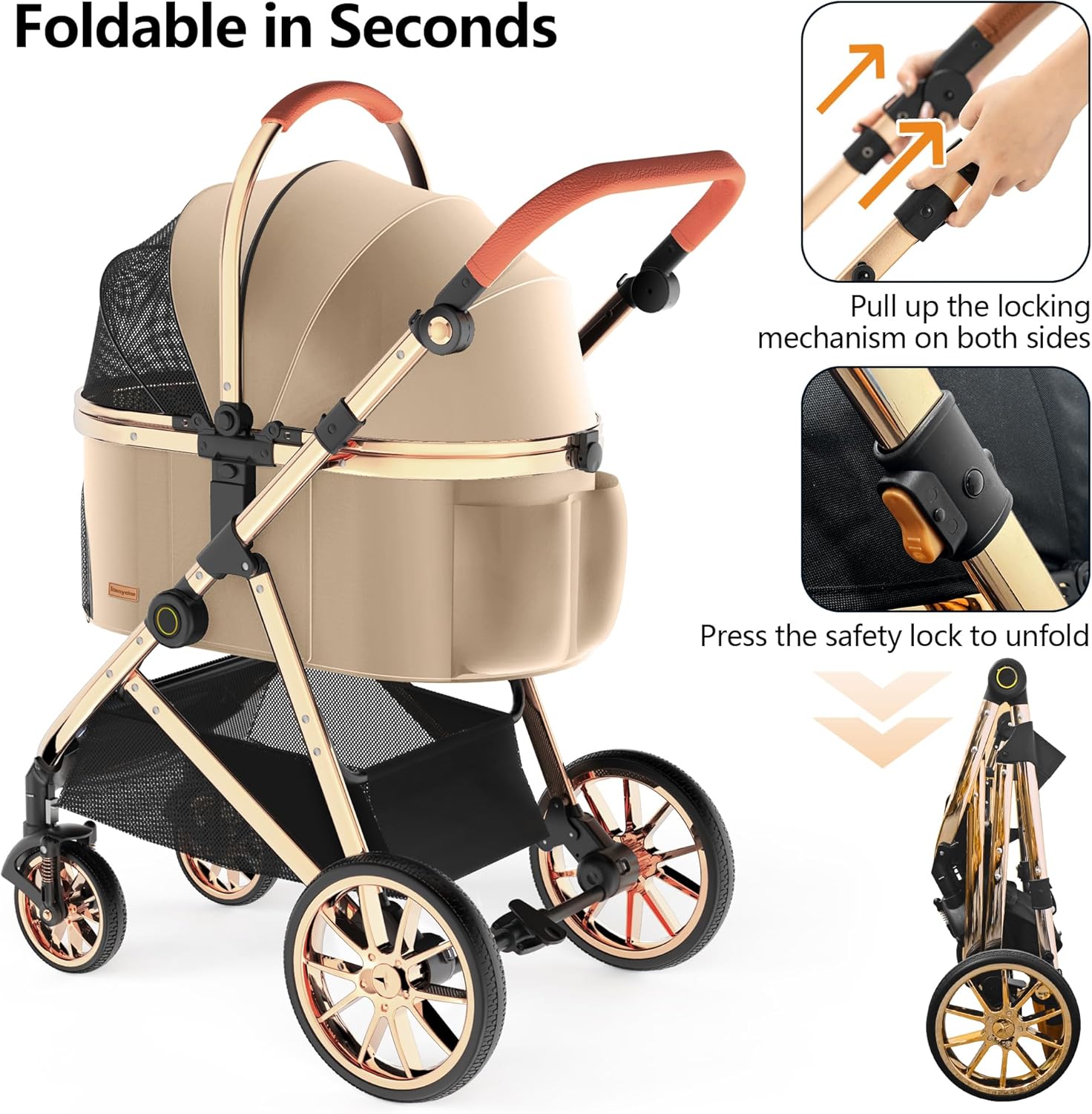 Kenyone Luxury Pet Stroller 3 in 1 with Electroplated Gold Mirror Finish for Medium Small Size Dogs and Cats, High-End Detachable Carrier for Puppy, Kitty, Doggie(C910L Khaki)