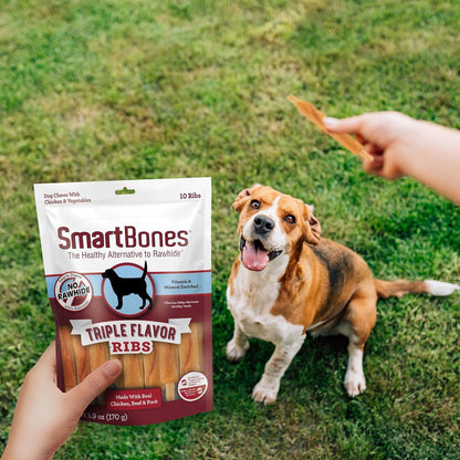 SmartBones No Artificial Colors or Preservatives Rib and Wing Chews, Treat Your Dog to a Fun Shapped Triple Flavor Chew