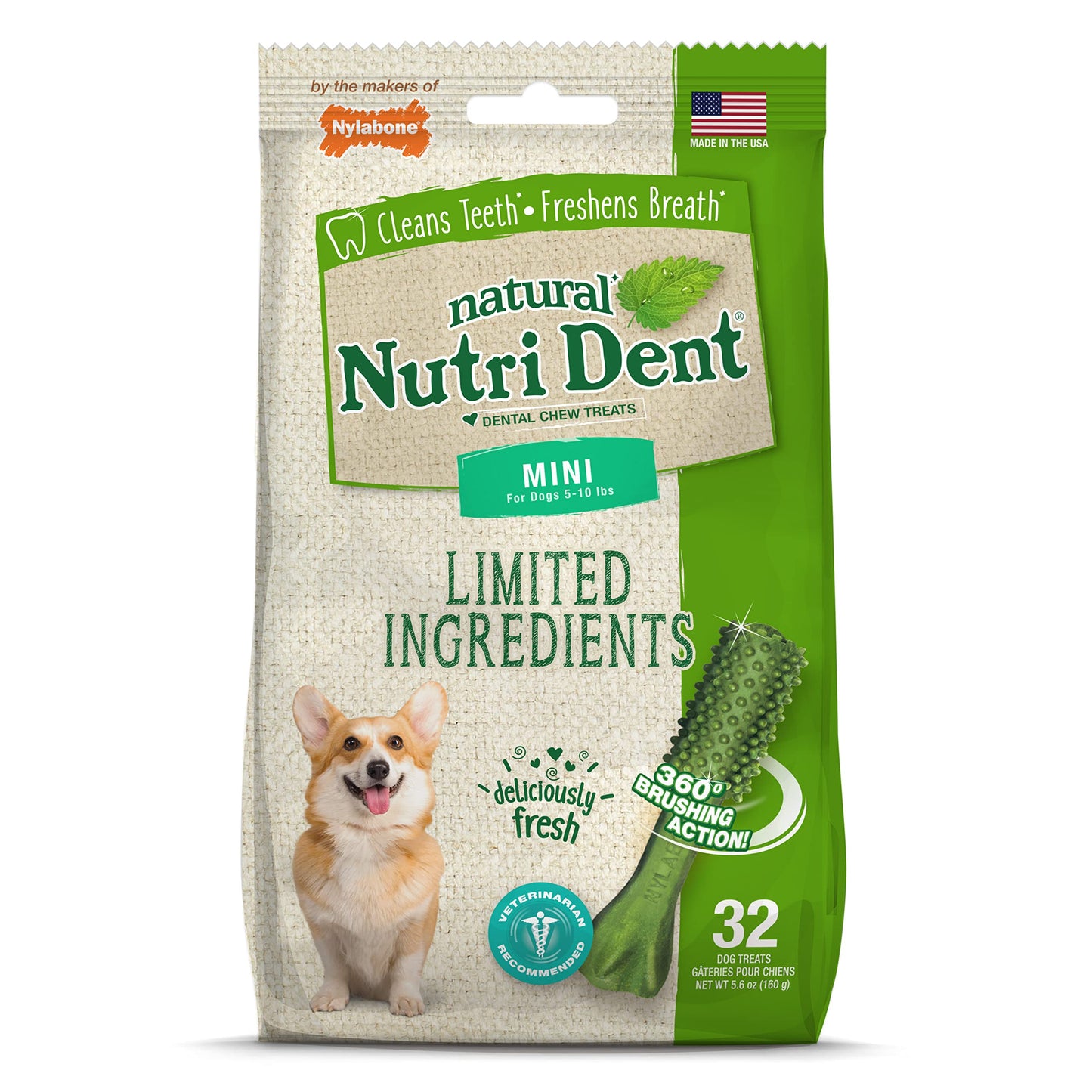 Nylabone Nutri Dent Dog Dental Chews - Natural Dog Teeth Cleaning & Breath Freshener - Dental Treats for Dogs - Fresh Breath Flavor, Mini (160 Count)