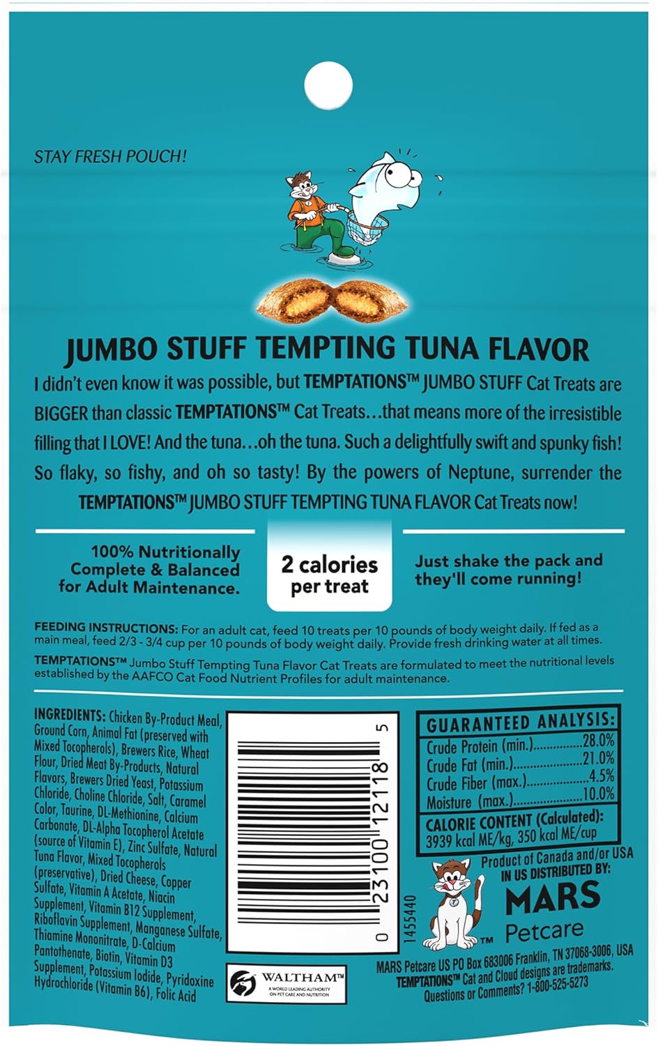 Temptations Jumbo Stuff Crunchy and Soft Cat Treats Tempting Tuna Flavor, 2.47 oz. Pouch (Pack of 12)