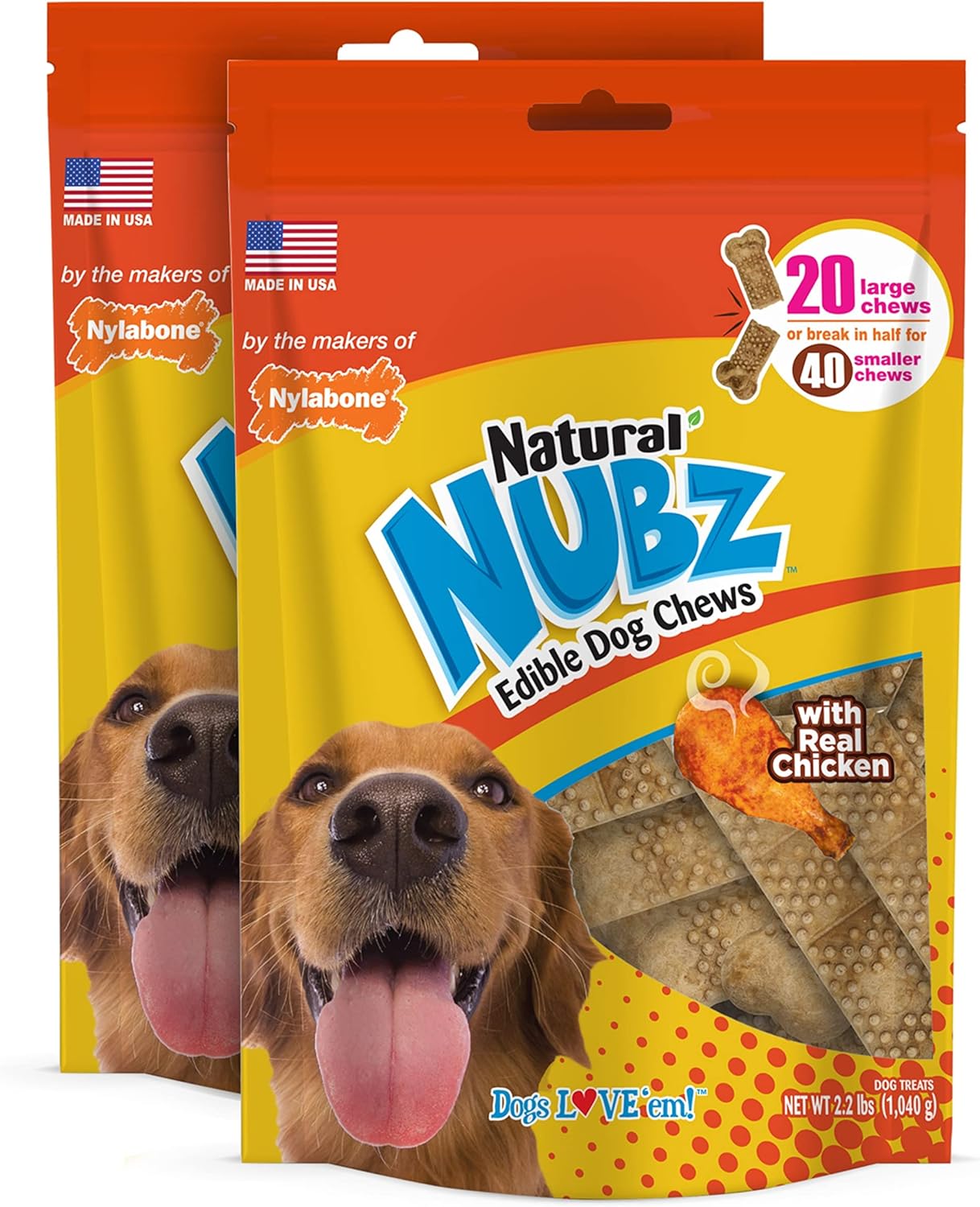 Nylabone Nubz Natural Edible Chew Treats for Dogs, Made in USA, Chicken Flavor, Large - Up to 50 lbs. (40 Count)