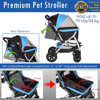 HPZ PET Rover Premium Heavy Duty Dog/Cat/Pet Stroller Travel Carriage with Convertible Compartment/Zipperless Entry/Reversible Handlebar/Pump-Free Rubber Tires for Small, Medium and Large Pets (Blue)