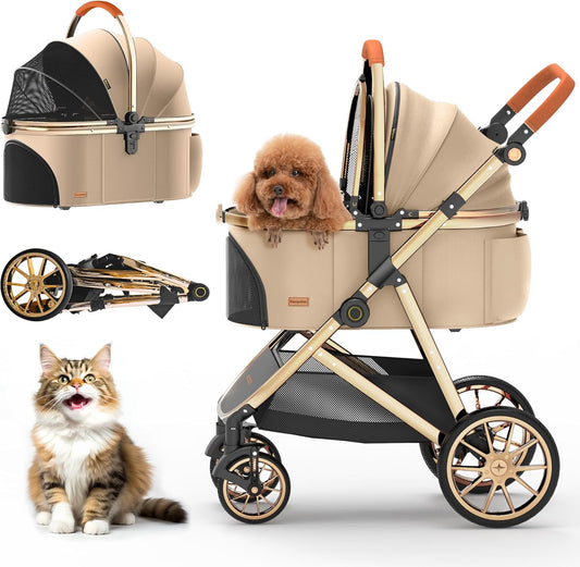 Kenyone Luxury Pet Stroller 3 in 1 with Electroplated Gold Mirror Finish for Medium Small Size Dogs and Cats, High-End Detachable Carrier for Puppy, Kitty, Doggie(C910L Khaki)