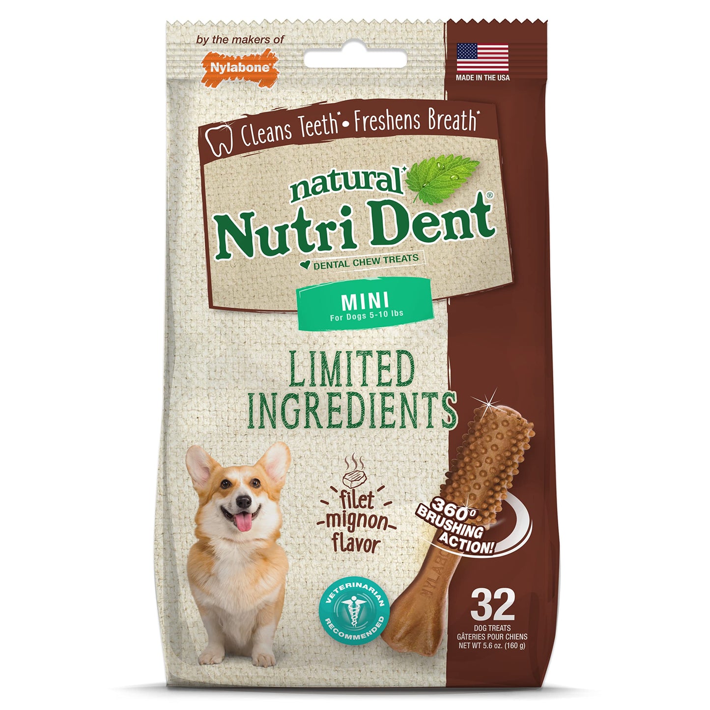 Nylabone Nutri Dent Dog Dental Chews - Natural Dog Teeth Cleaning & Breath Freshener - Dental Treats for Dogs - Fresh Breath Flavor, Mini (160 Count)