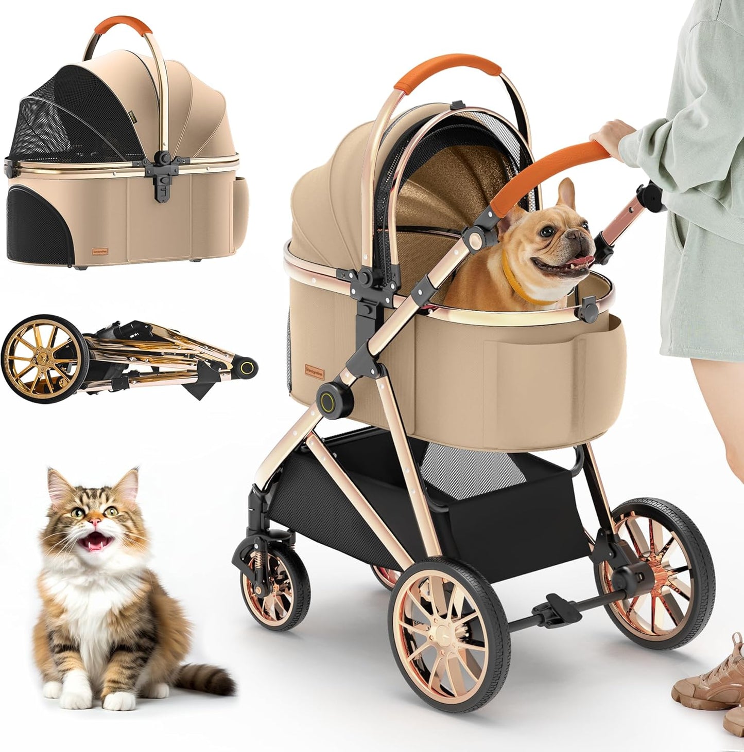 Kenyone Luxury Pet Stroller 3 in 1 with Electroplated Gold Mirror Finish for Medium Small Size Dogs and Cats, High-End Detachable Carrier for Puppy, Kitty, Doggie(C910L Khaki)