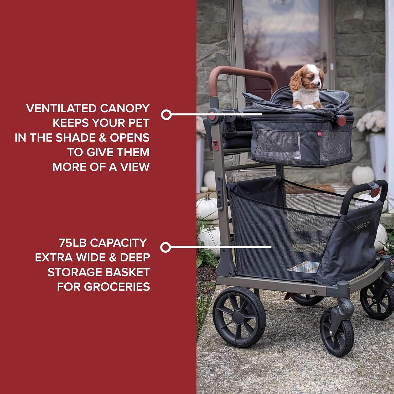 Pet Foldable Cart - Luxury Cat & Dog Stroller with Extra Large Shopping Basket, Cup Holders, & Ventilated Canopy - Easy Fold Pet Stroller for Cats & Dogs