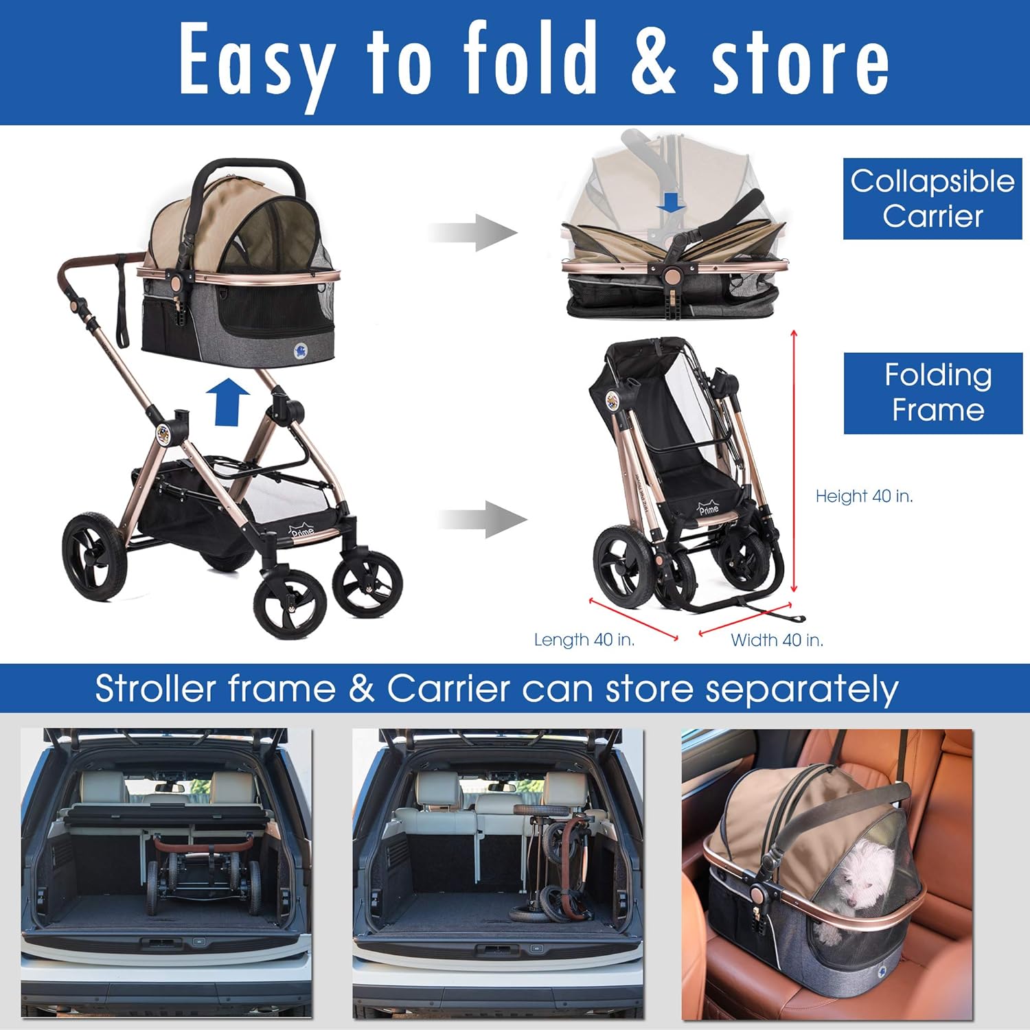 HPZ Pet Rover Prime 3-in-1 Luxury Dog/Cat Stroller (Travel Carrier +Car Seat +Stroller) with Detach Carrier/Pump-Free Rubber Tires/Aluminum Frame/Reversible Handle for Medium & Small Pets (Taupe)