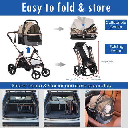 HPZ Pet Rover Prime 3-in-1 Luxury Dog/Cat Stroller (Travel Carrier +Car Seat +Stroller) with Detach Carrier/Pump-Free Rubber Tires/Aluminum Frame/Reversible Handle for Medium & Small Pets (Taupe)