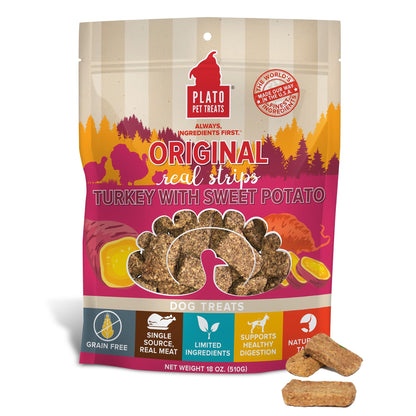 PLATO Turkey Real Strips Natural Dog Treats - Real Meat - Air Dried - Made in the USA - Turkey & Cranberry, 18 ounces