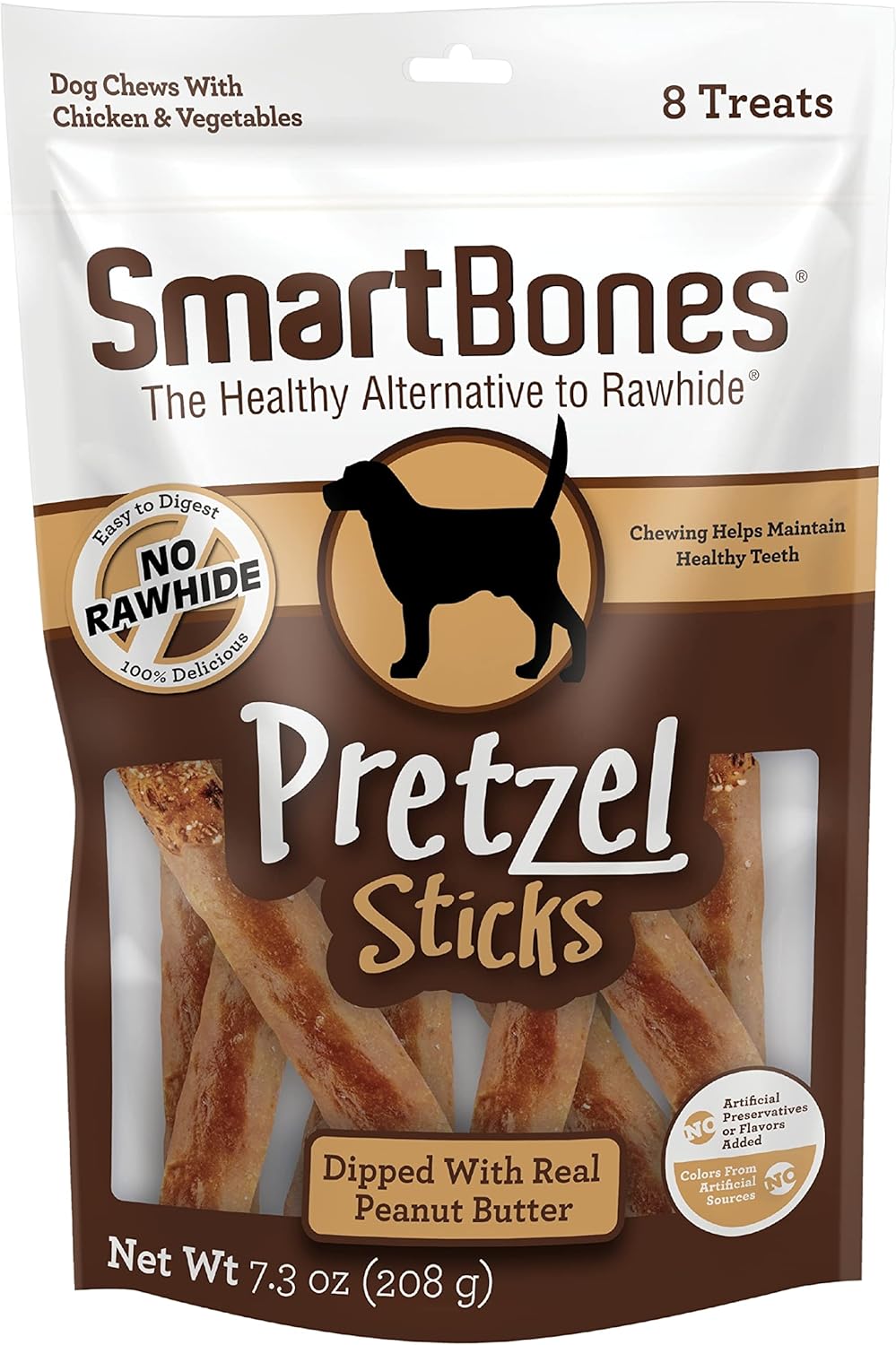 SmartBones Pretzel Sticks Dipped with Real Peanut Butter Dog Chews, 7.3 oz., Count of 8 (Pack of 6)