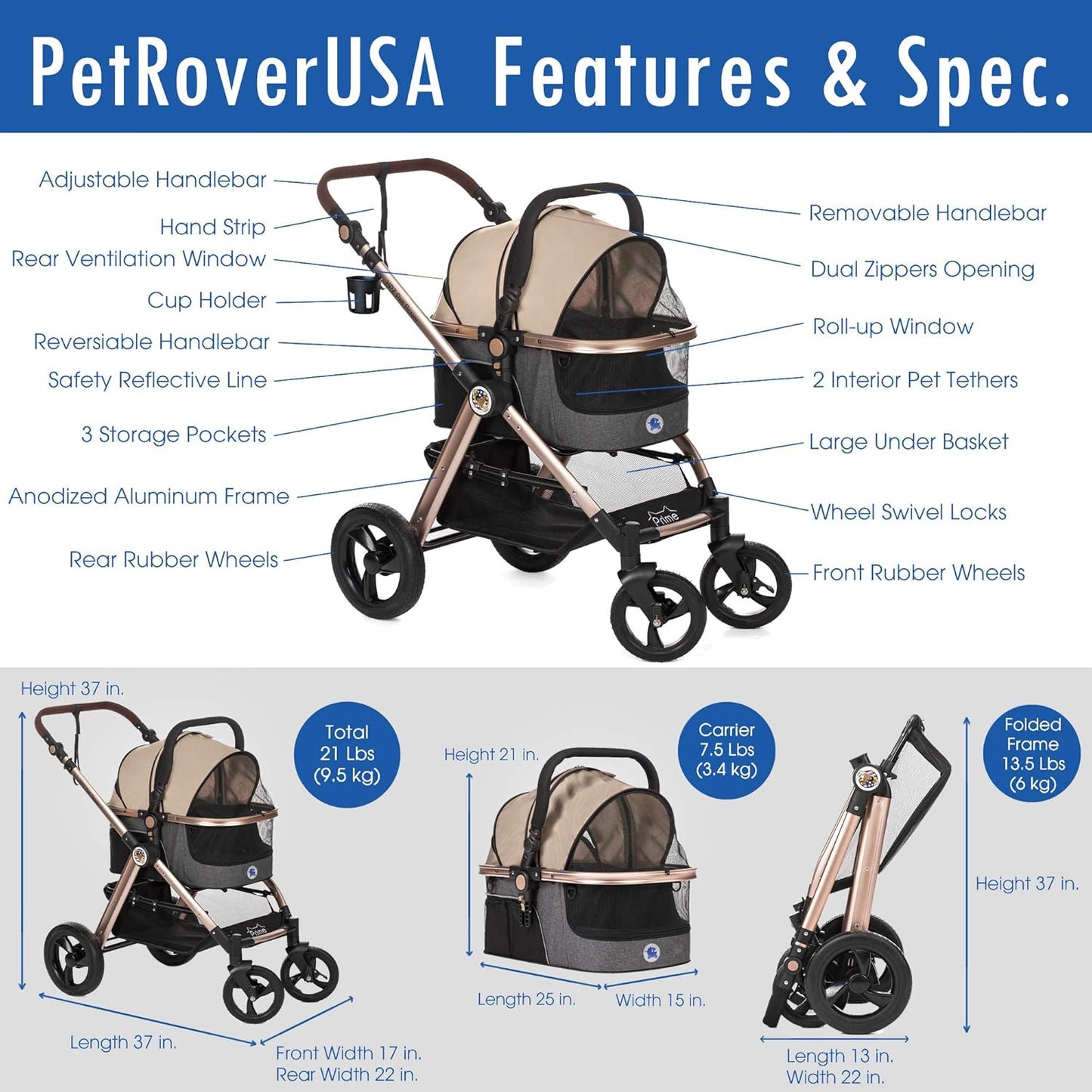 HPZ Pet Rover Prime 3-in-1 Luxury Dog/Cat Stroller (Travel Carrier +Car Seat +Stroller) with Detach Carrier/Pump-Free Rubber Tires/Aluminum Frame/Reversible Handle for Medium & Small Pets (Taupe)