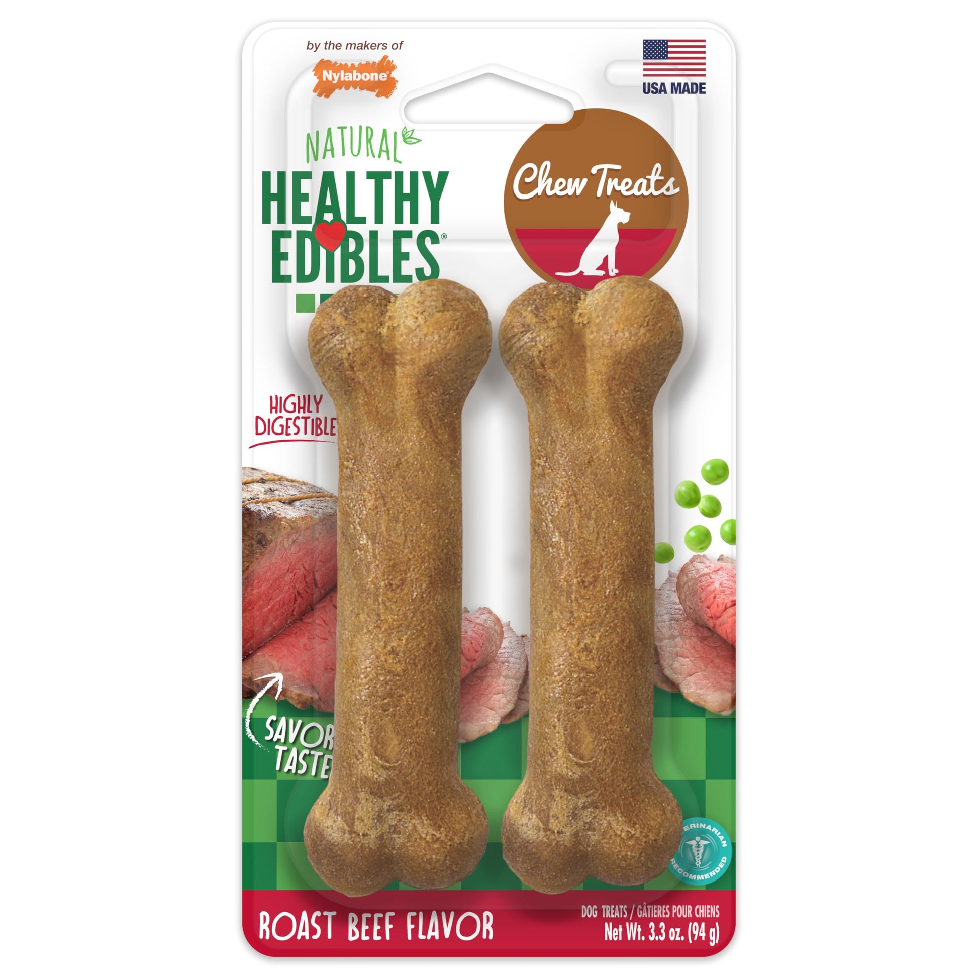 Nylabone Healthy Edibles Natural Dog Chews Long Lasting Roast Beef & Chicken Flavor Treats for Dogs, Small/Regular (12 Count)