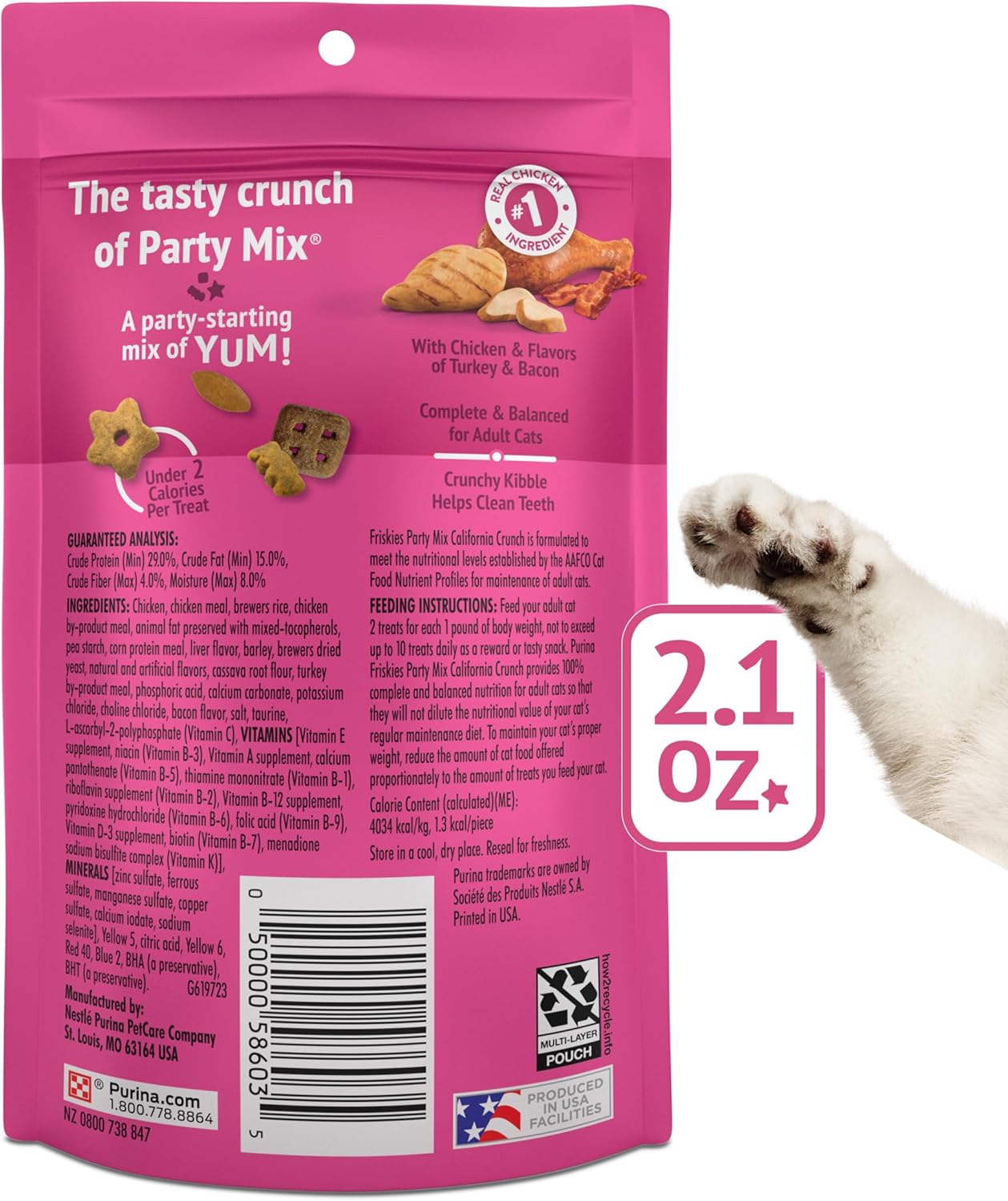 Purina Friskies Cat Treats, Party Mix California Crunch With Chicken - (Pack of 10) 2.1 oz. Pouches