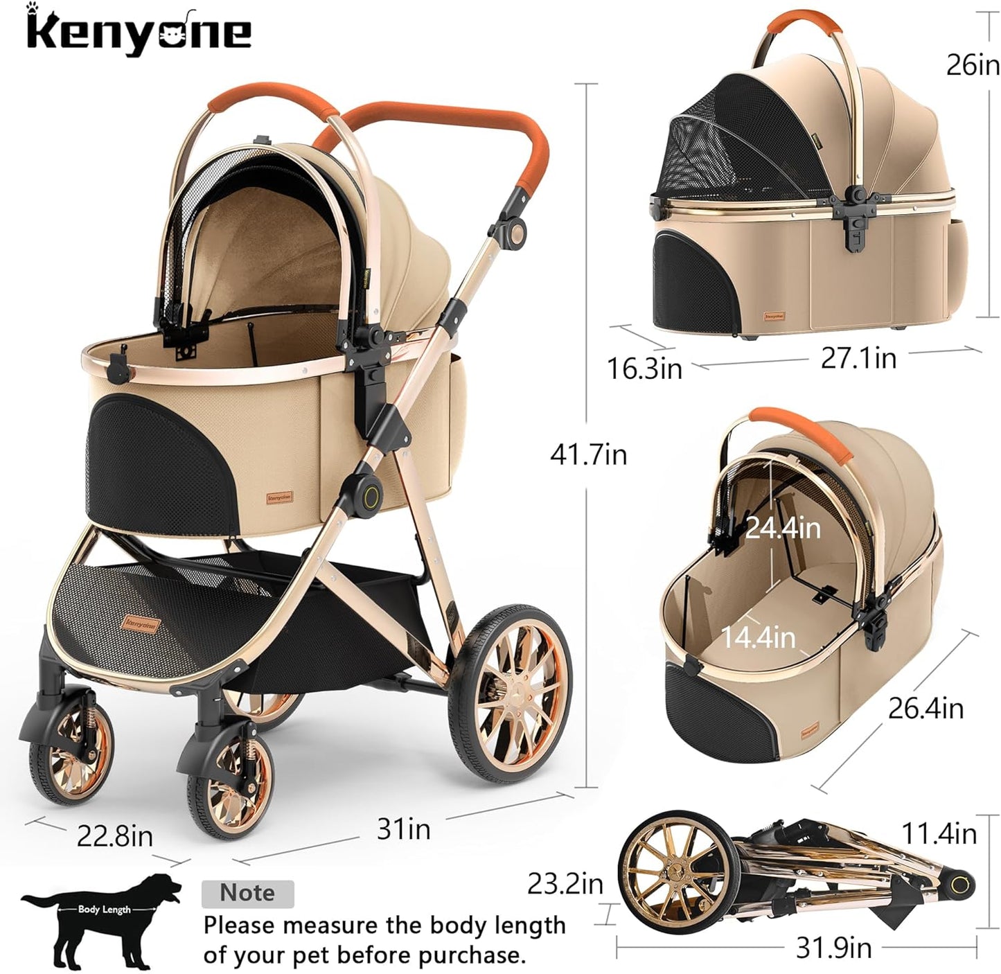 Kenyone Luxury Pet Stroller 3 in 1 with Electroplated Gold Mirror Finish for Medium Small Size Dogs and Cats, High-End Detachable Carrier for Puppy, Kitty, Doggie(C910L Khaki)