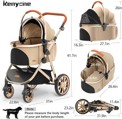 Kenyone Luxury Pet Stroller 3 in 1 with Electroplated Gold Mirror Finish for Medium Small Size Dogs and Cats, High-End Detachable Carrier for Puppy, Kitty, Doggie(C910L Khaki)