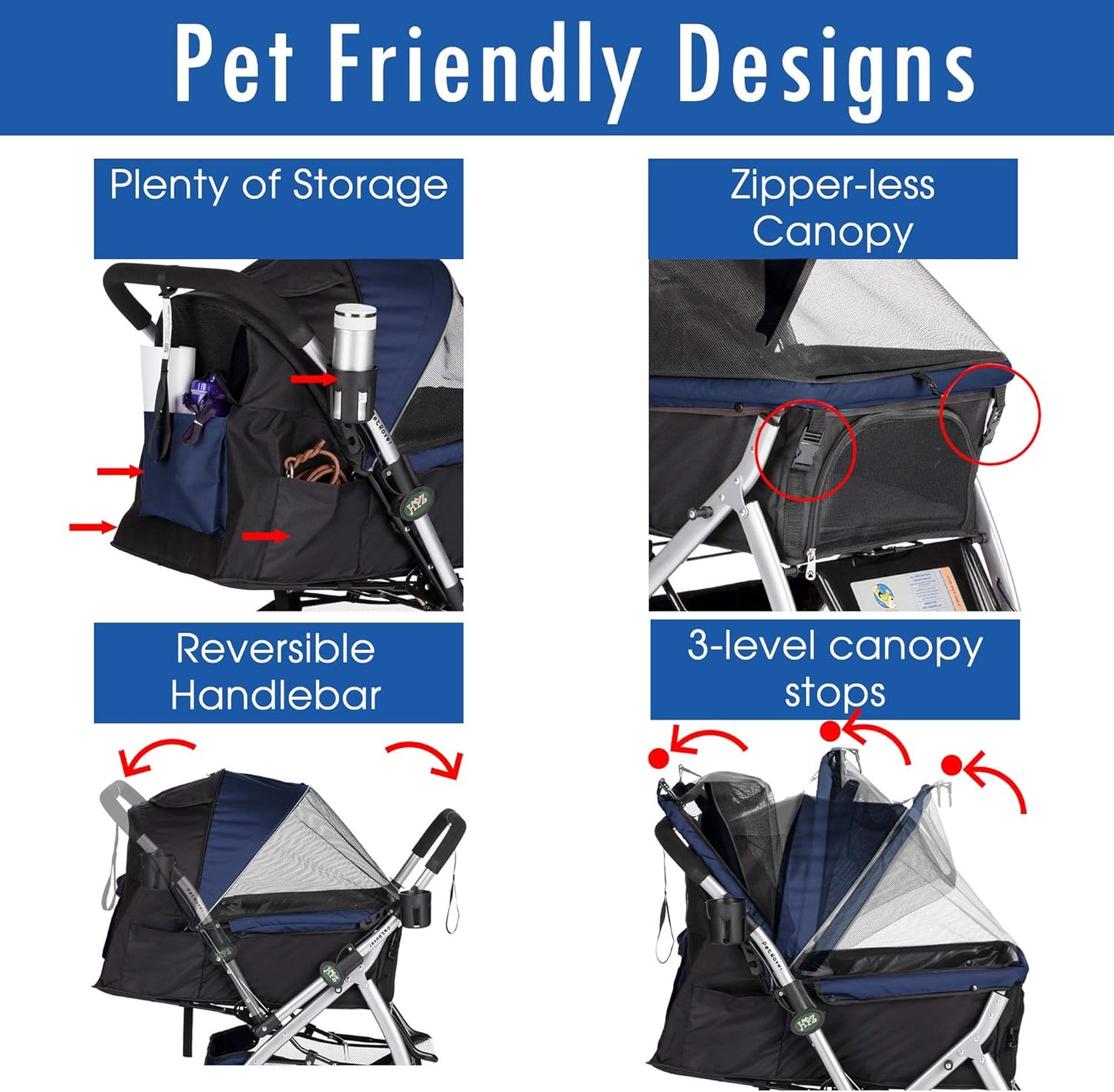 HPZ Pet Rover Premium Heavy Duty Dog/Cat/Pet Stroller Travel Carriage With Convertible Compartment/Zipperless Entry/Reversible Handle/Pump-Free Rubber Tires for Small, Medium, Large Pets-Midnight Blue