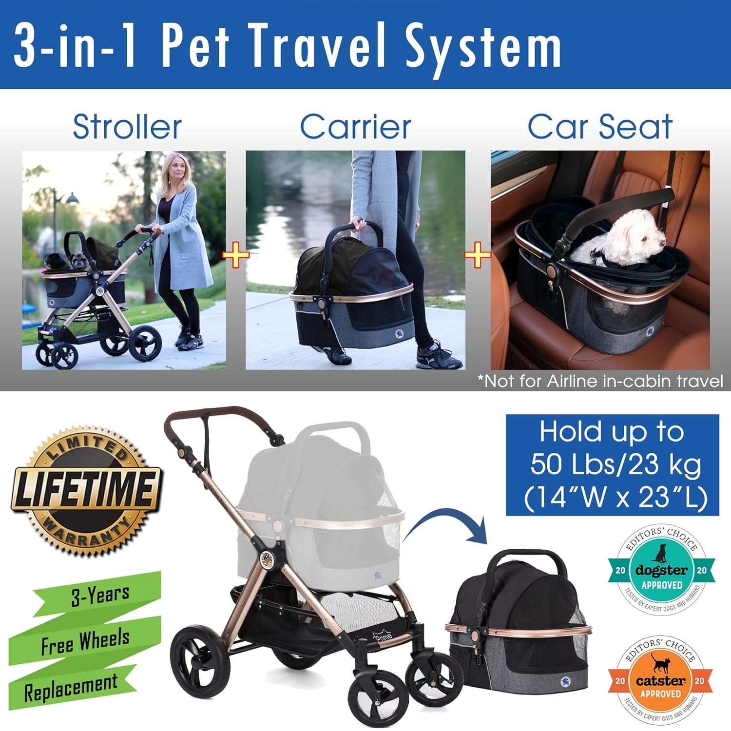 HPZ Pet Rover Prime 3-in-1 Luxury Dog/Cat Stroller (Travel Carrier + Car Seat +Stroller) with Detach Carrier/Pump-Free Rubber Tires/Aluminum Frame/Reversible Handle for Medium & Small Pets (BLACK)