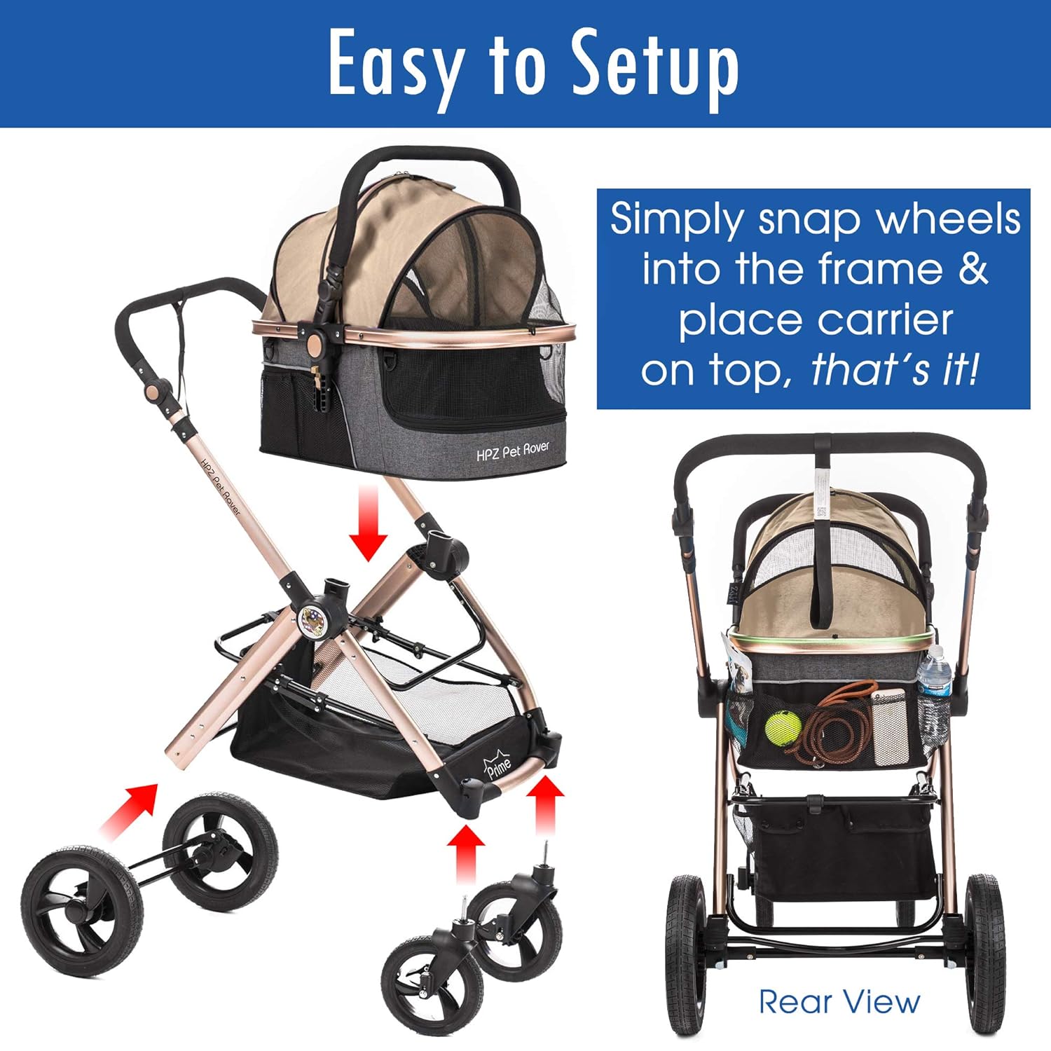 HPZ Pet Rover Prime 3-in-1 Luxury Dog/Cat Stroller (Travel Carrier +Car Seat +Stroller) with Detach Carrier/Pump-Free Rubber Tires/Aluminum Frame/Reversible Handle for Medium & Small Pets (Taupe)