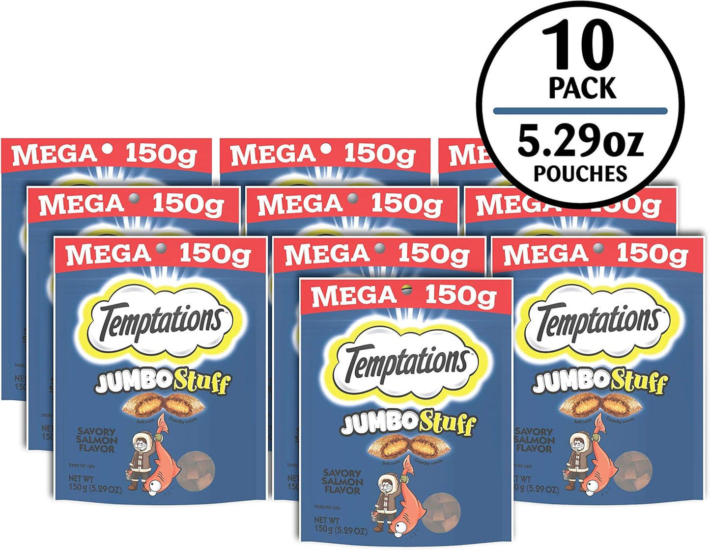 Temptations Jumbo Stuff Crunchy and Soft Cat Treats Savory Salmon Flavor, 5.3 oz. Pouch (Pack of 10)