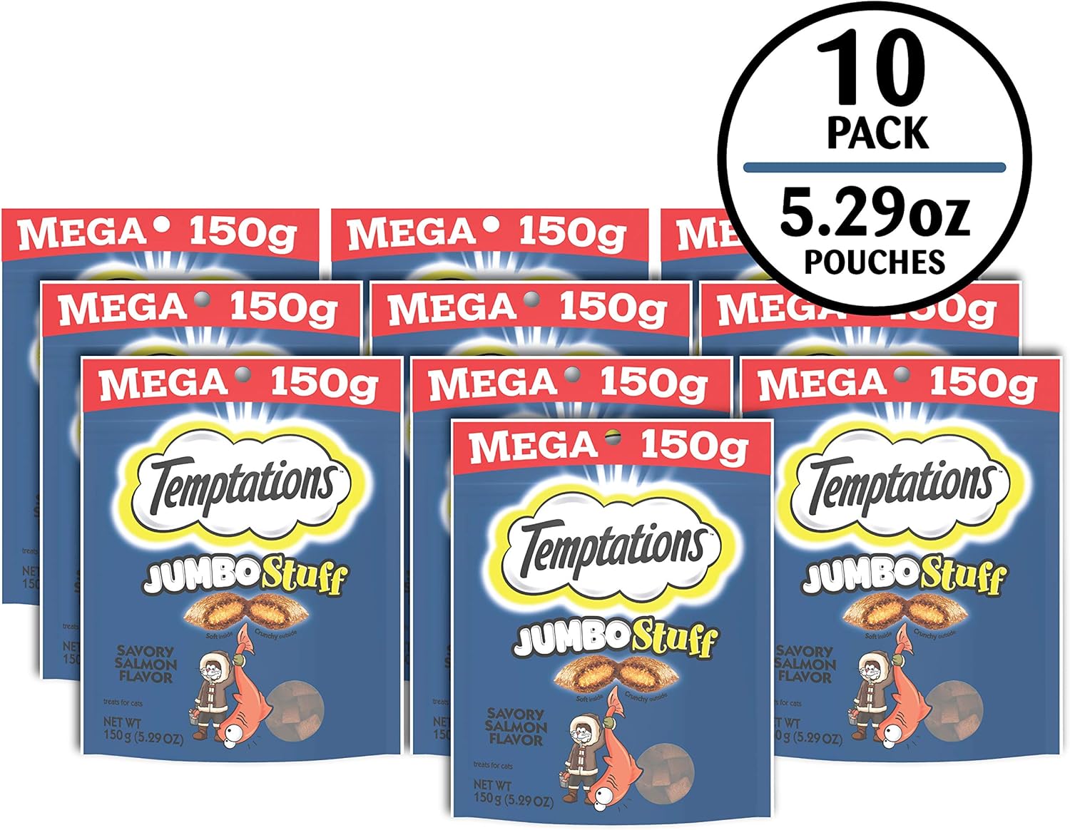 Temptations Jumbo Stuff Crunchy and Soft Cat Treats Savory Salmon Flavor, 5.3 oz. Pouch (Pack of 10)