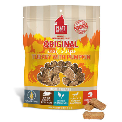 PLATO Turkey Real Strips Natural Dog Treats - Real Meat - Air Dried - Made in the USA - Turkey & Cranberry, 18 ounces