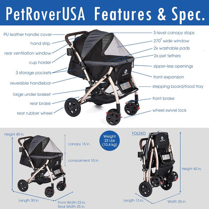 HPZ-PR America Pet Rover XL Premium Heavy Duty Dog/Cat/Pet Stroller Travel Carriage/w Convertible Compartment/Pump-Free Rubber Tires for Small/Medium/Large Pets (Stone Gray 2nd-Gen),23.0 pounds