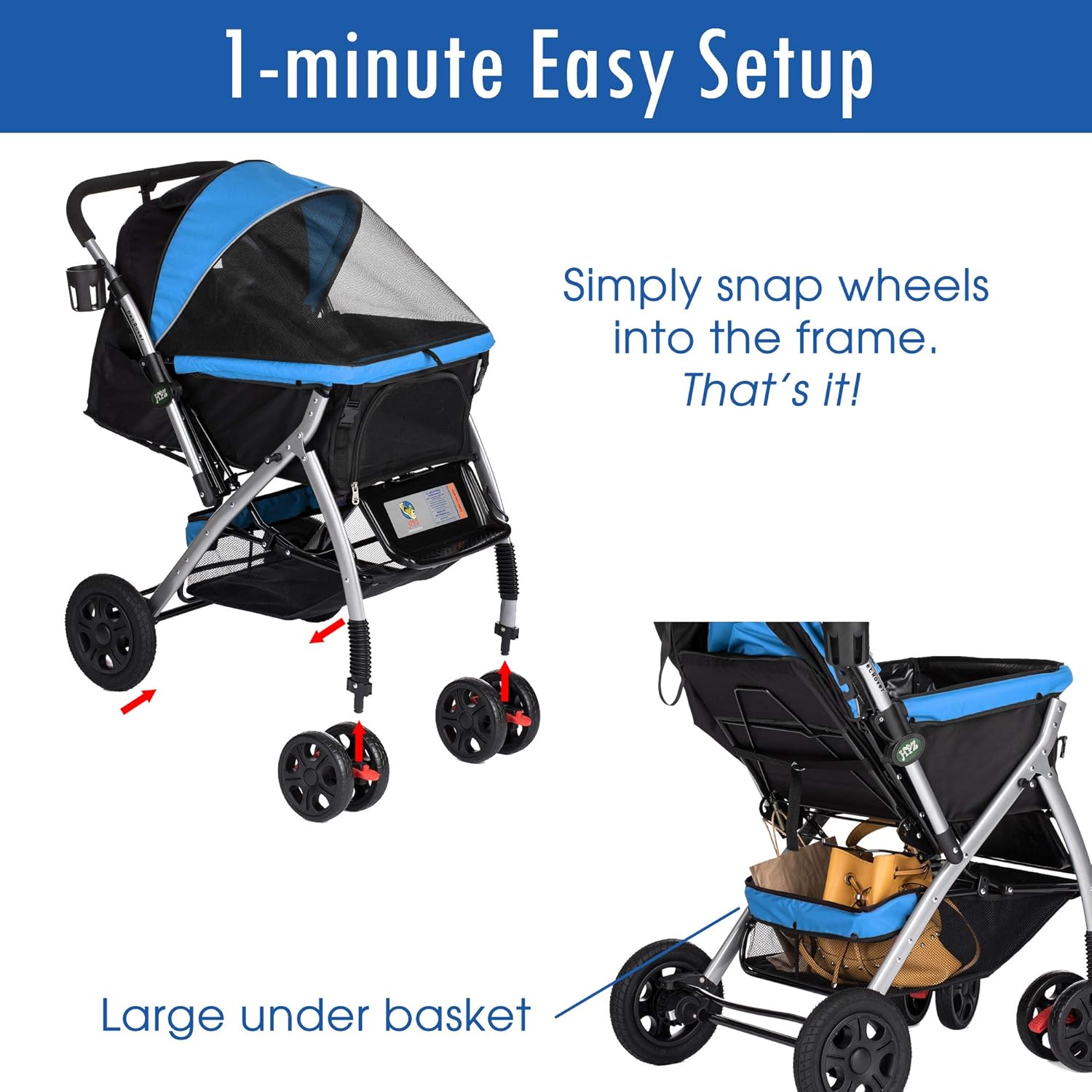 HPZ PET Rover Premium Heavy Duty Dog/Cat/Pet Stroller Travel Carriage with Convertible Compartment/Zipperless Entry/Reversible Handlebar/Pump-Free Rubber Tires for Small, Medium and Large Pets (Blue)