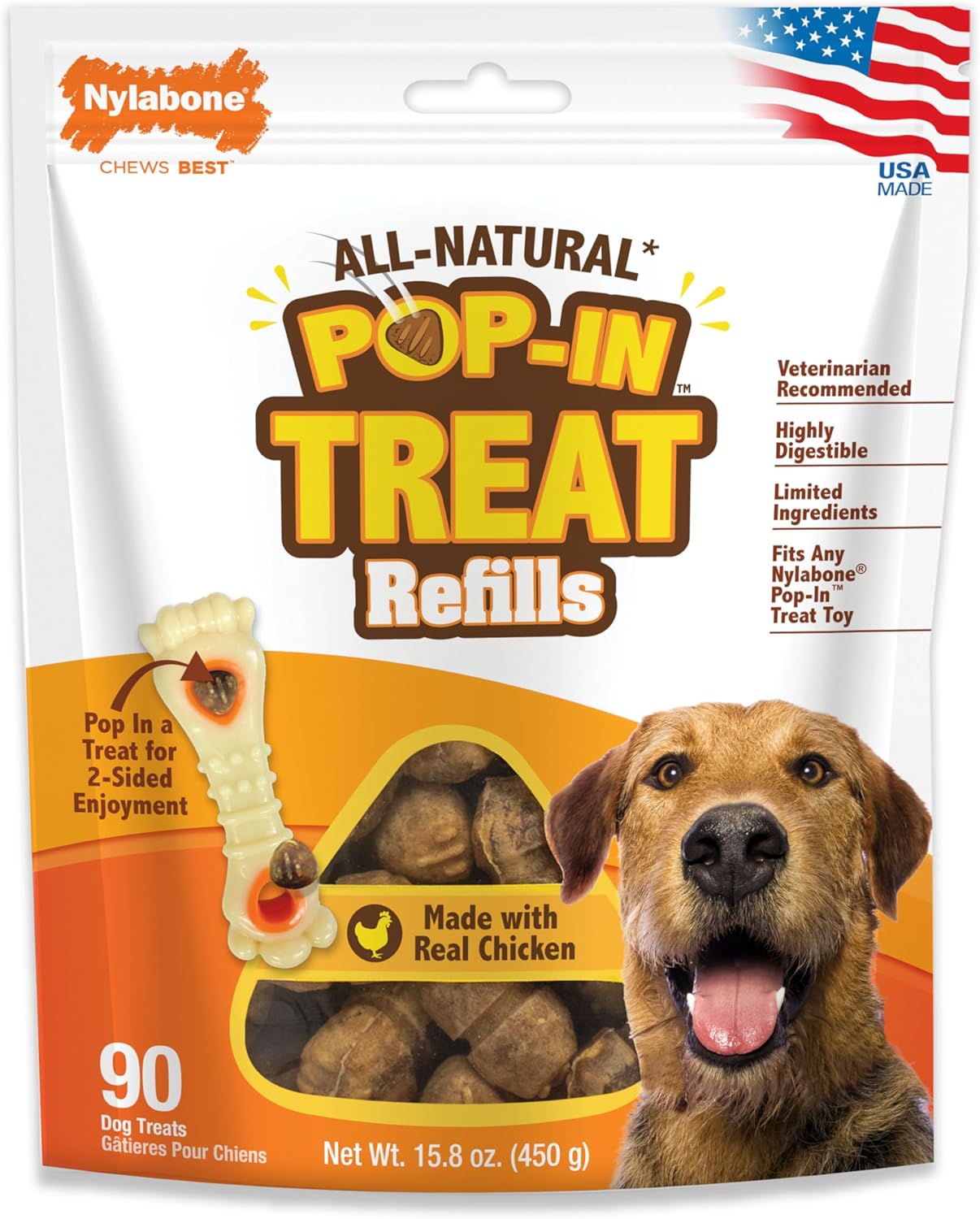 Nylabone Pop-in Treat-Toy Refill Chews, All-Natural Dog Treats for Treat Dispensing Toys, Chicken Flavor, 90 Count