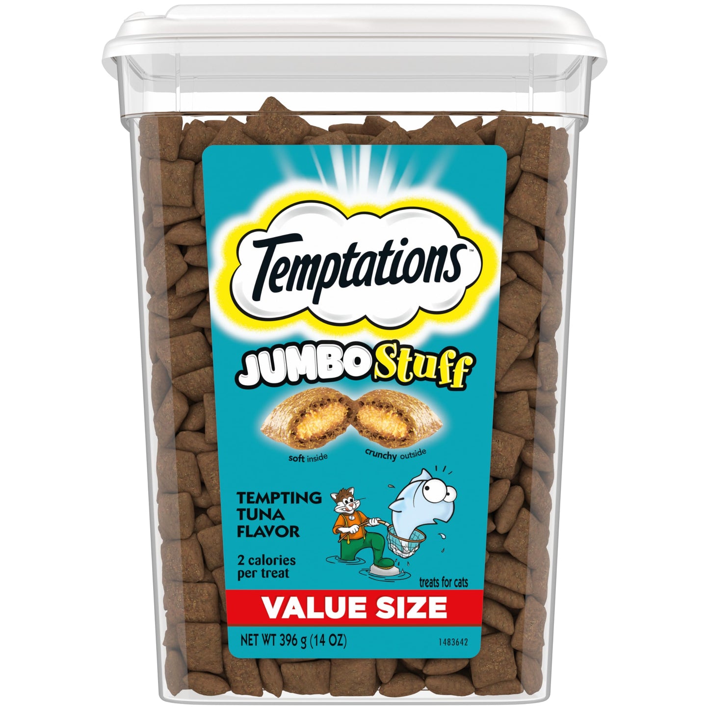 TEMPTATIONS Jumbo Stuff Crunchy and Soft Cat Treats, Tasty Chicken Flavor, 14 oz. Tub, (Pack of 1)