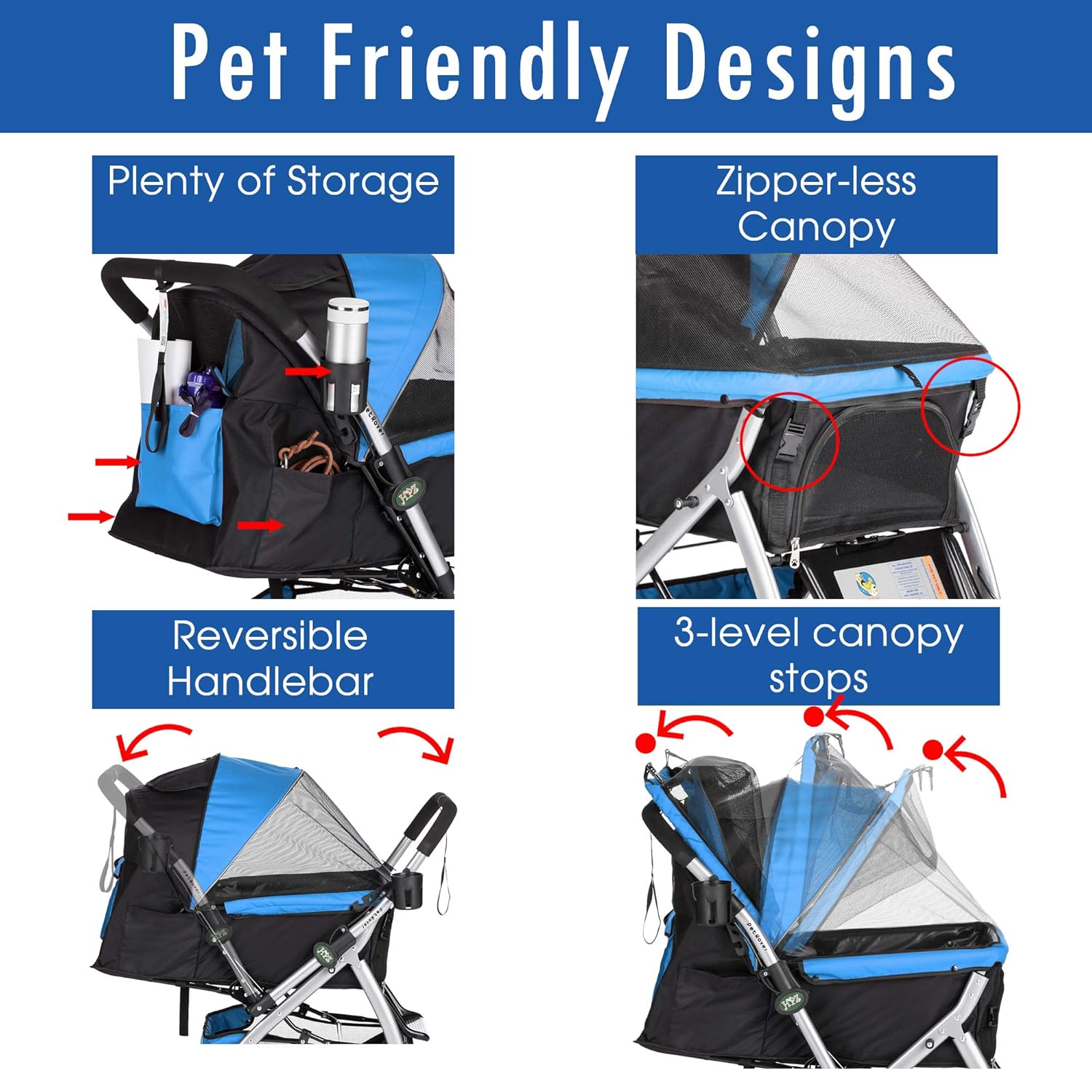 HPZ PET Rover Premium Heavy Duty Dog/Cat/Pet Stroller Travel Carriage with Convertible Compartment/Zipperless Entry/Reversible Handlebar/Pump-Free Rubber Tires for Small, Medium and Large Pets (Blue)