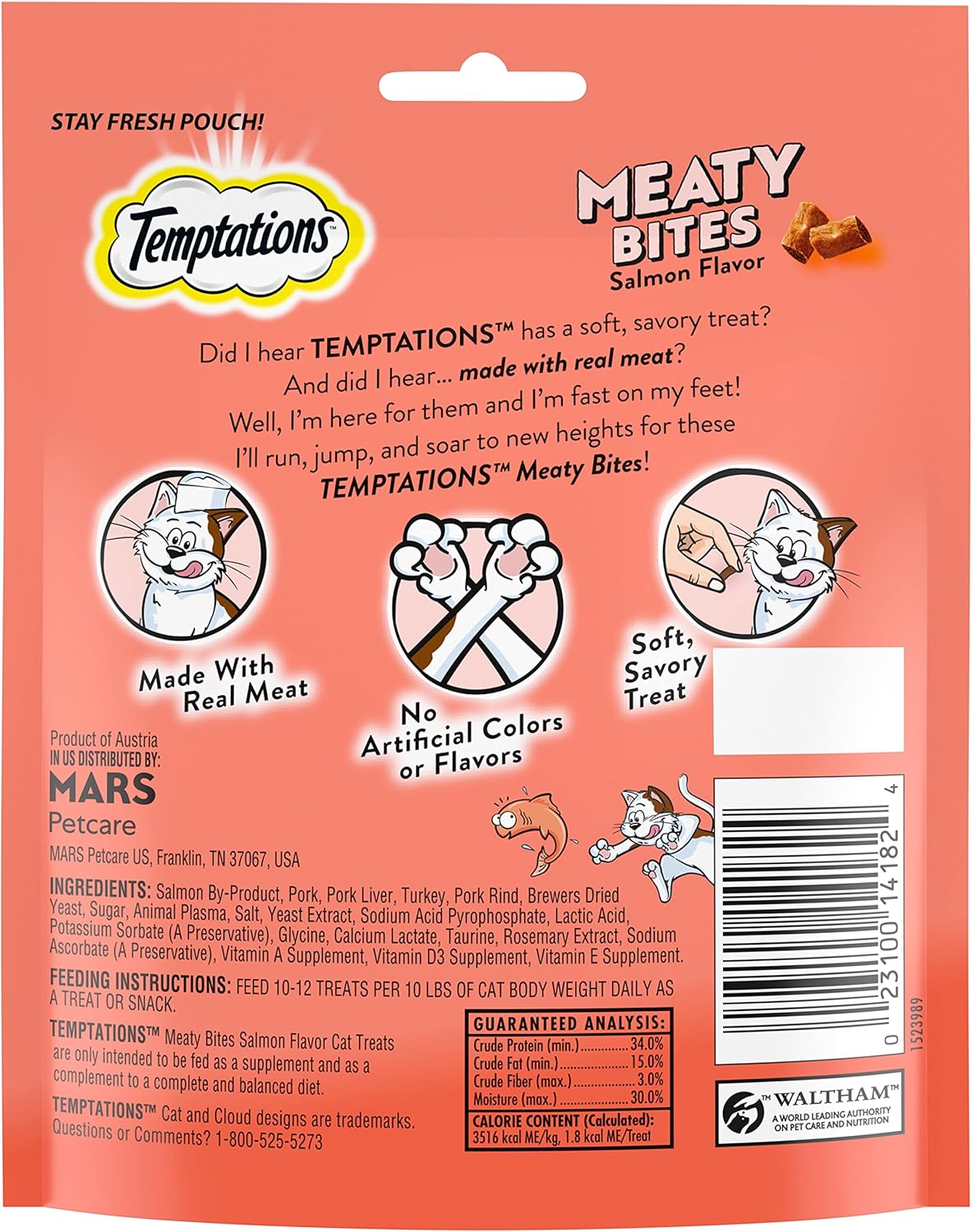 Temptations Meaty Bites Soft and Savory Cat Treats Salmon Flavor, 4.12 oz. Pouch