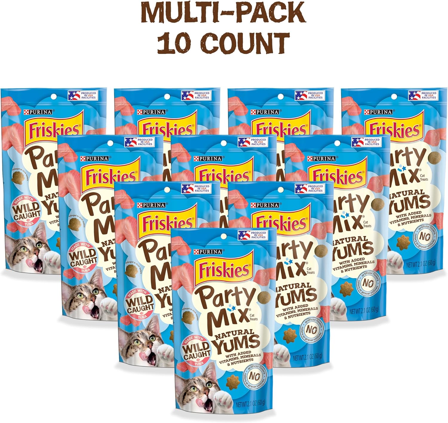 Purina Friskies Natural Cat Treats, Party Mix Natural Yums With Wild Tuna - (Pack of 10) 2.1 oz. Pouches