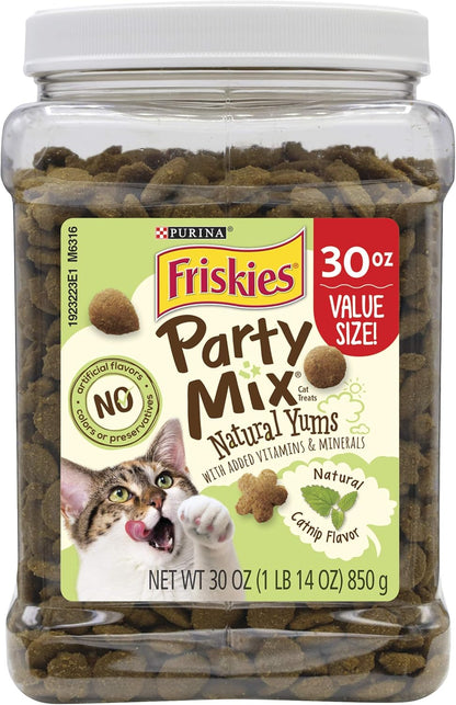 Purina Friskies Made in USA Facilities, Natural Cat Treats, Party Mix Natural Yums Catnip Flavor - 30 oz. Canister