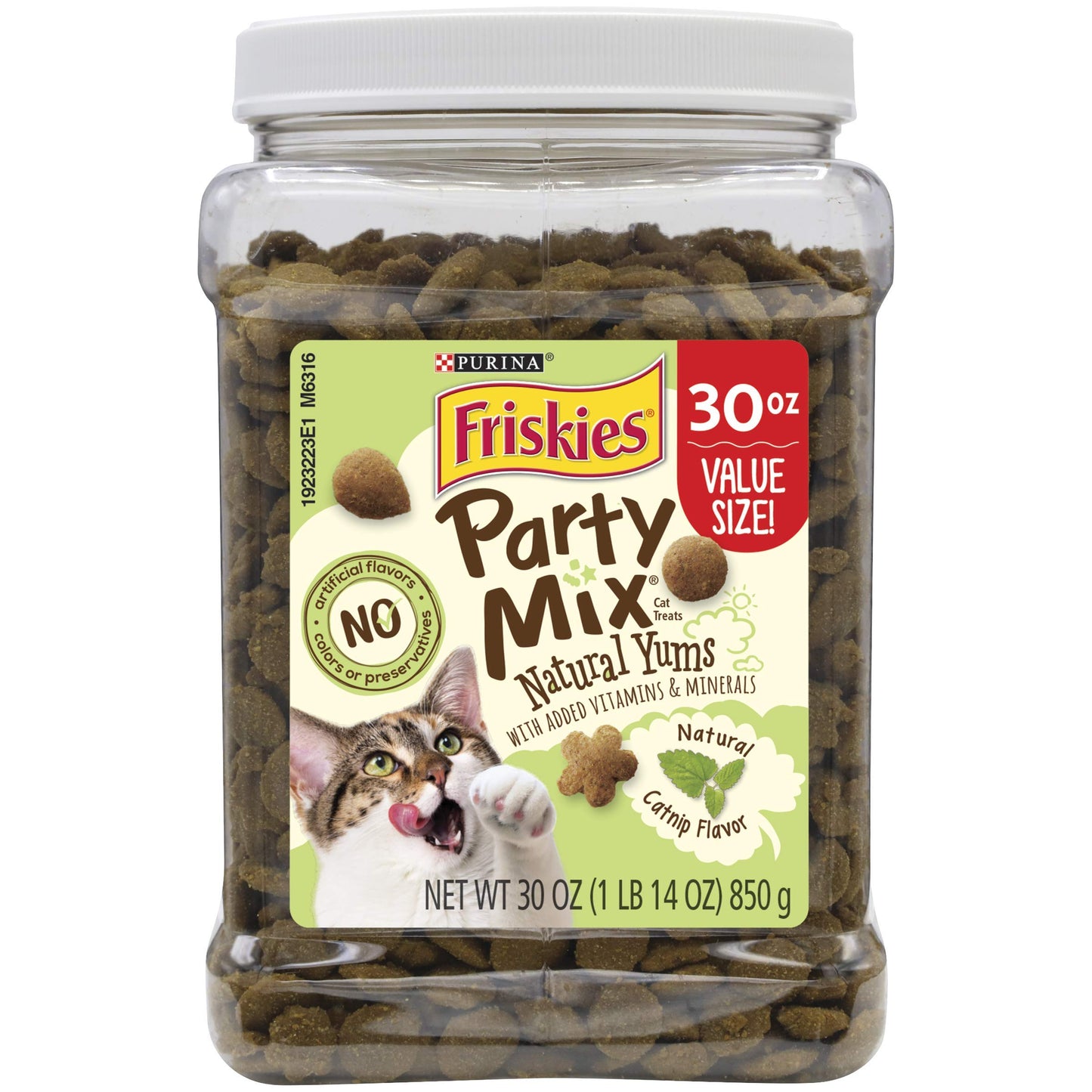 Purina Friskies Made in USA Facilities, Natural Cat Treats, Party Mix Natural Yums Catnip Flavor - 30 oz. Canister